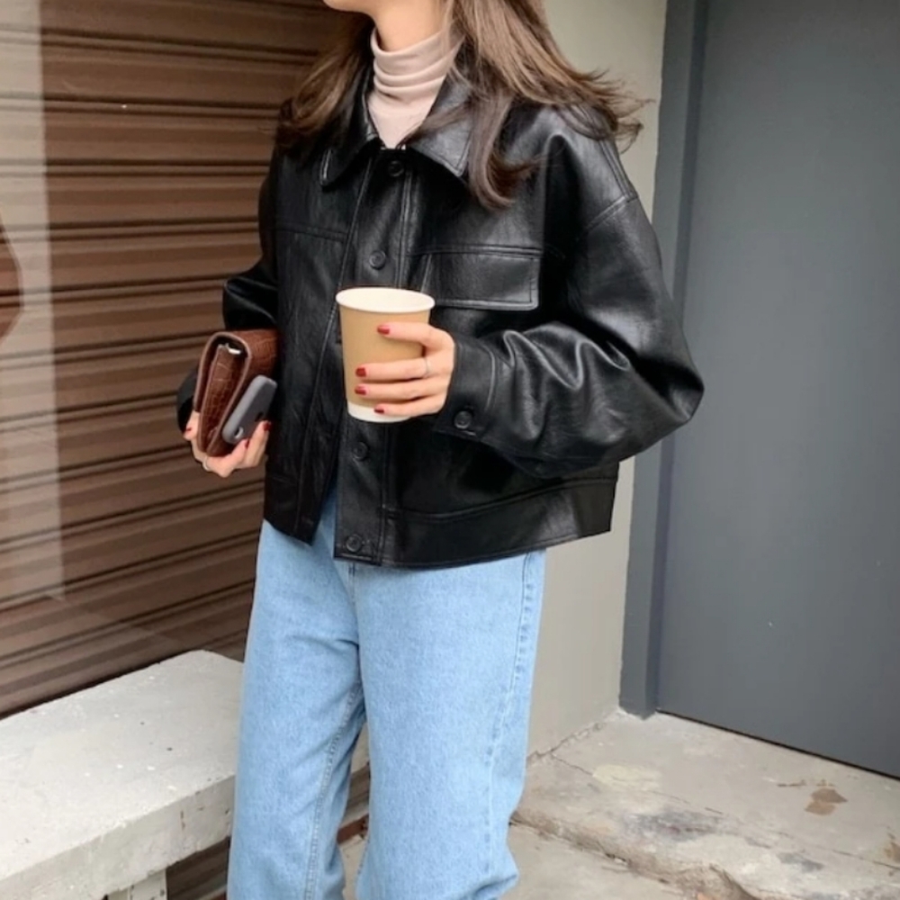 Cropped Faux Leather Jacket